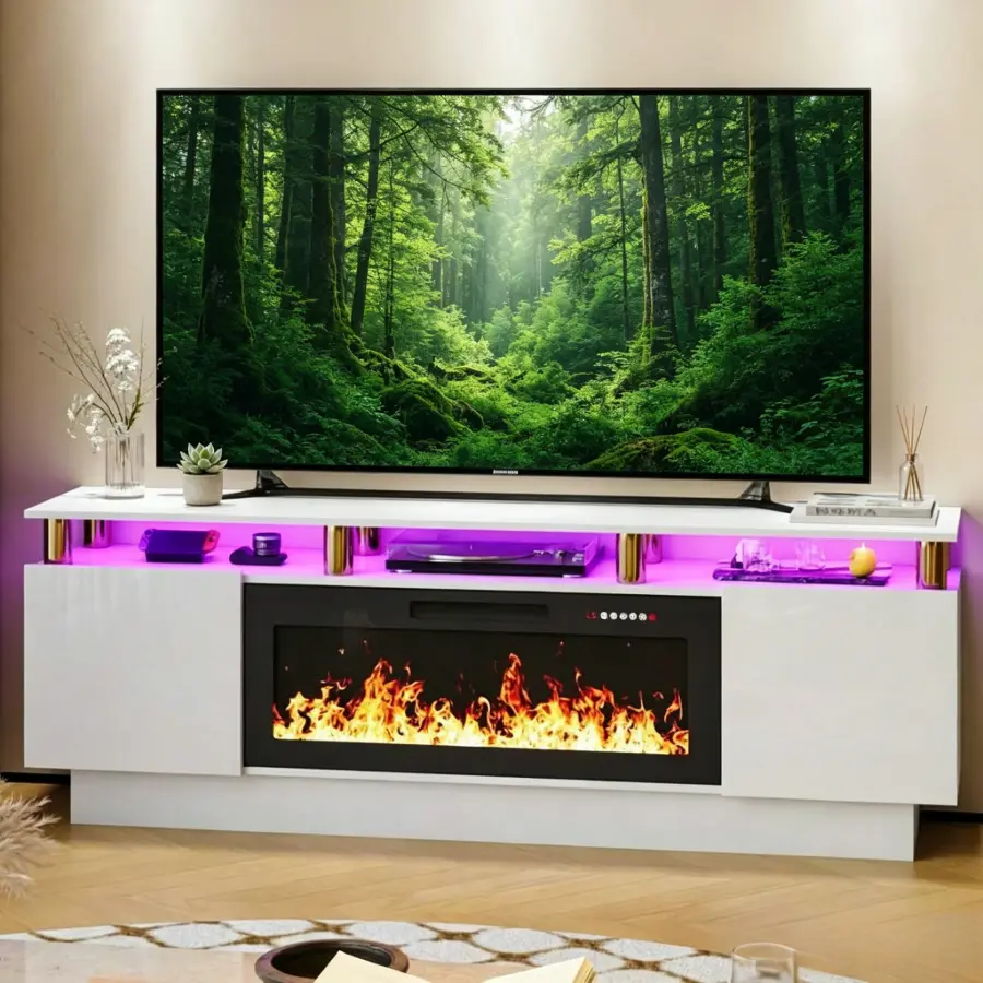 70" Modern Fireplace TV Stand with Stainless Steel Tubing Frame, High Gloss Grey Cabinet LED Entertainment Center Fits TVs Up to 80 Inches for Living Room