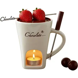 Mini Fondue Set - Ceramic Chocolate Fondue Mug with Forks, 130ml Melting Cup for Chocolate & Cheese - Perfect Gift Set for Date Night, Valentine's Day & Romantic Occasions（White）