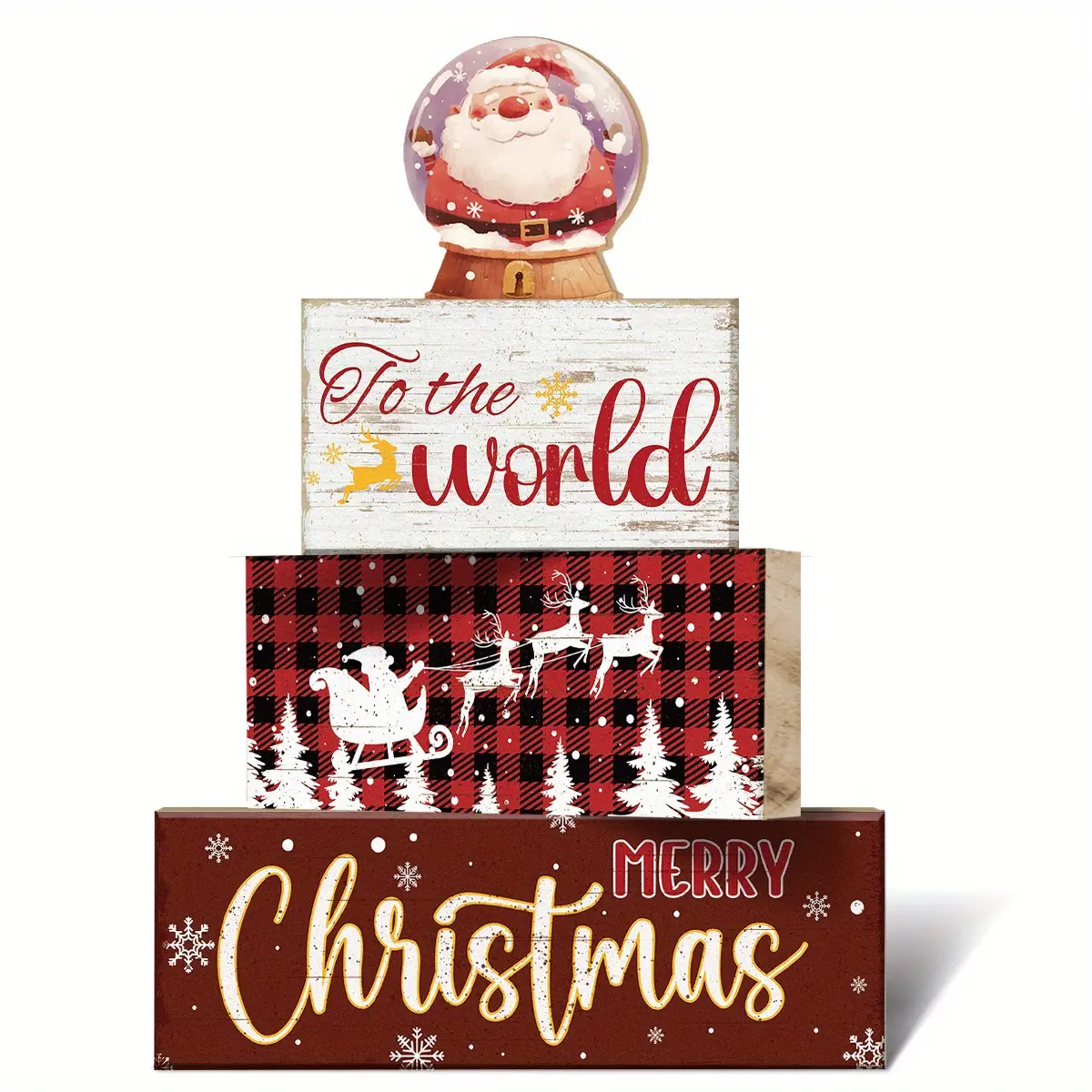 4pcs Wooden Christmas Decorative Plaques & Ornaments, Santa Snow Globe Tiered Tray Decor, Christmas Centerpiece, Santa Snow Globe Block Signs Gift, Farmhouse Winter Table Decoration for Home