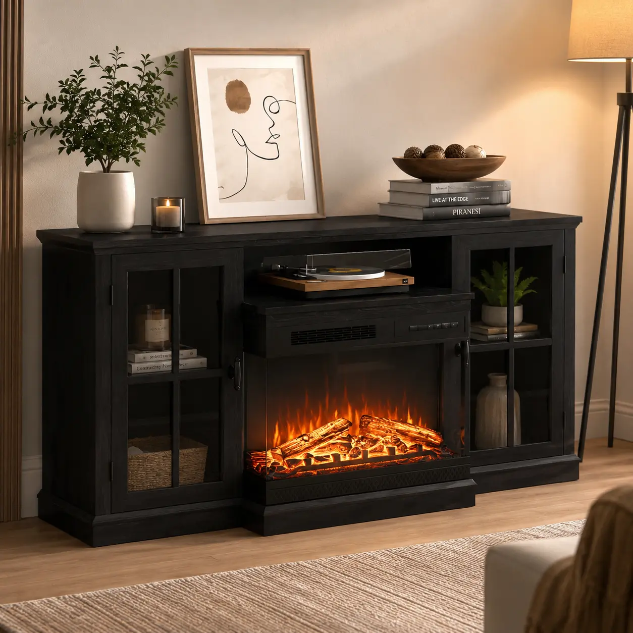 Fireplace TV Stand Fits TVs Up to 65 Inches, Modern Audio-Visual Storage Cabinet with Three-Sided Glass & Storage Compartments, Adjustable Flame Colors