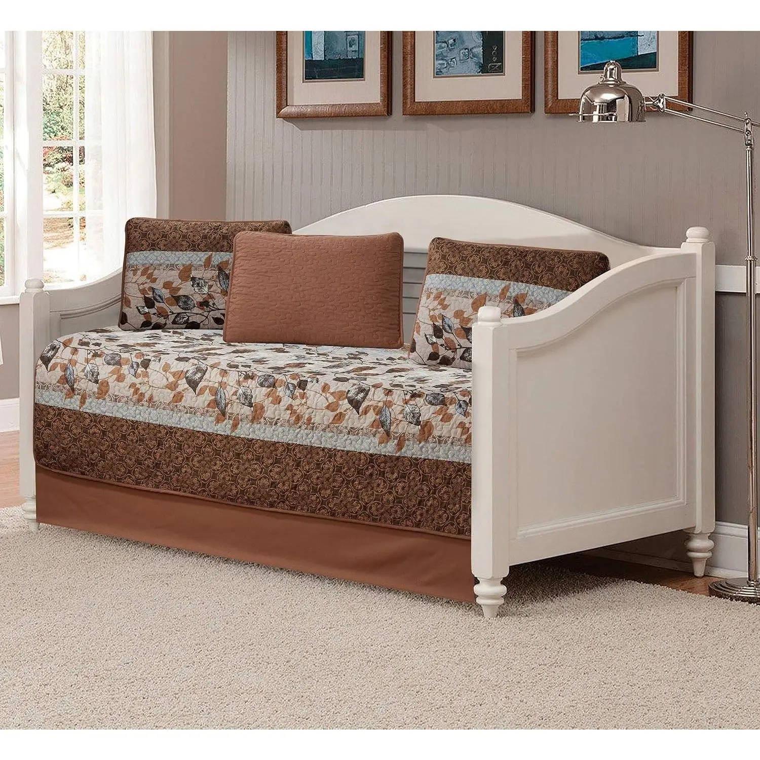 5 Piece Daybed Quilted Bedspread Set Brown Tan Sky Blue Leaves White