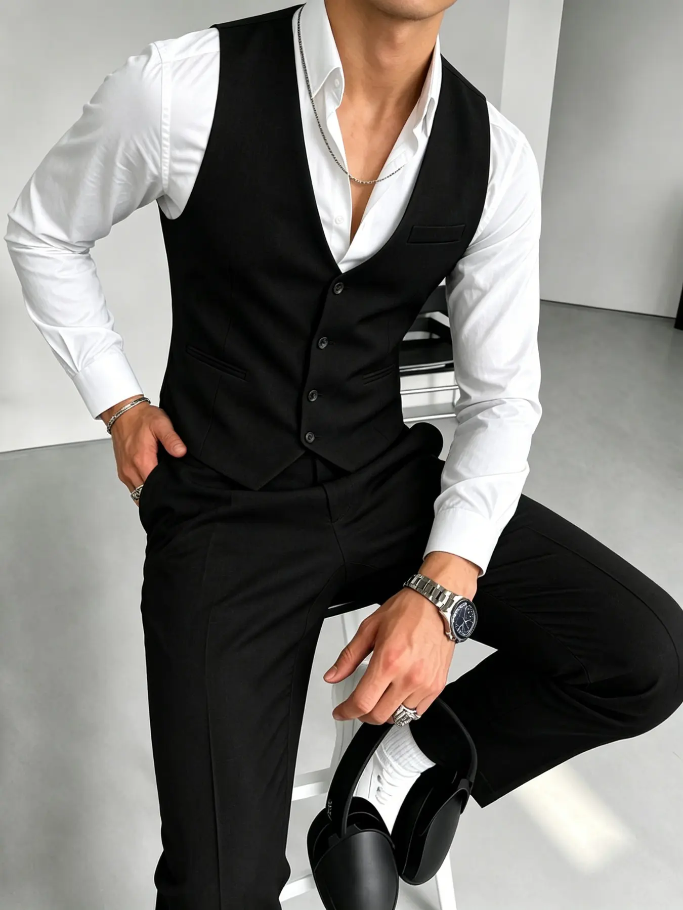 Men's Fashion Casual Stylish Blazer Vest and Pants Suits Set, Slim-Fitting Tartan Pattern, All Seasons Wear, Plain Surface Design, Suit and Trousers