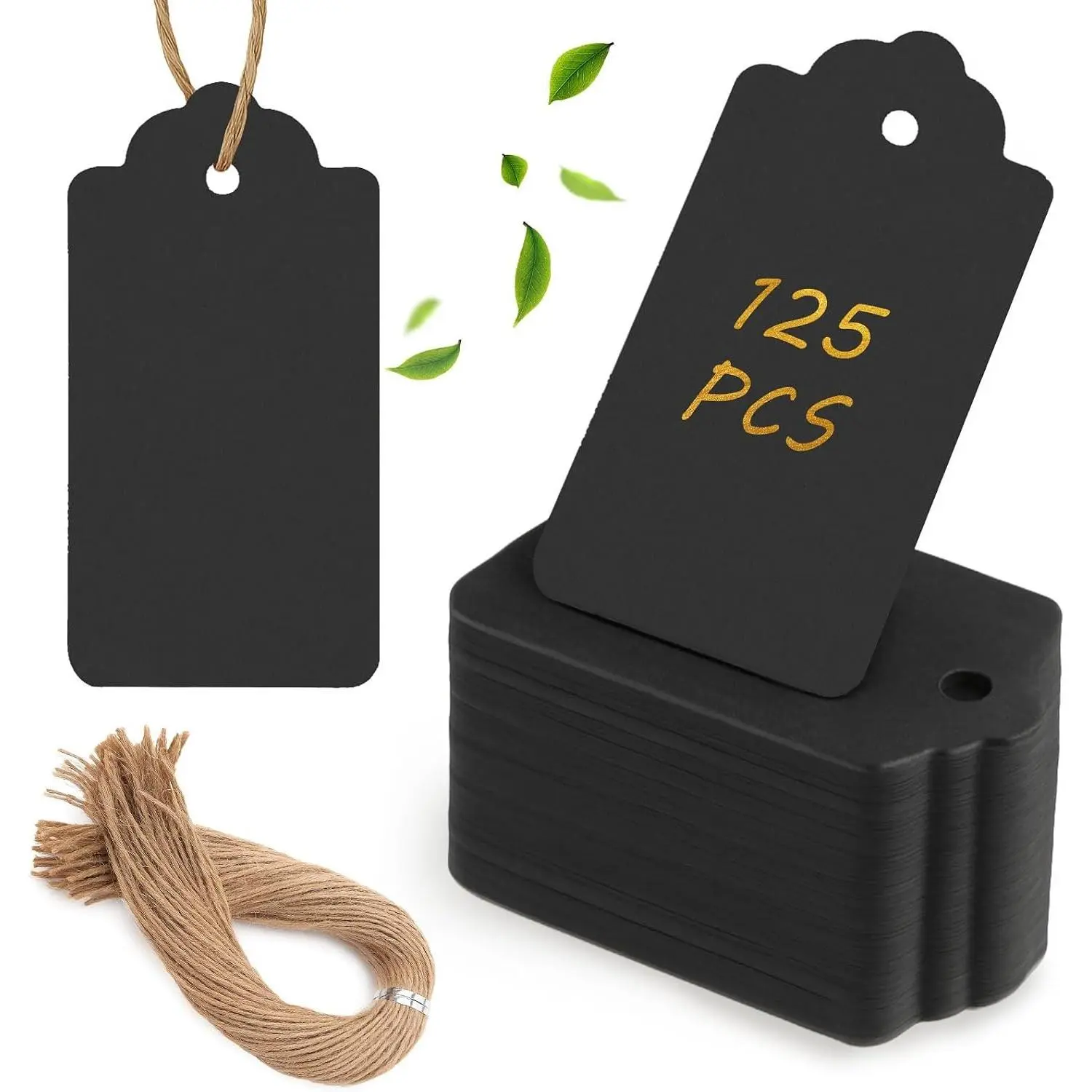 125pcs Gift Tags with String Attached, 1.5 x 2.8 inch Black Gift Tags Paper Black Labels for Clothes DIY Crafts Wedding Holiday