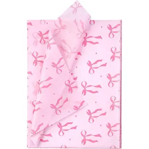 WRAPAHOLIC Pink Bow Tissue Paper - 60 Sheets 14 x 20 Inch Pink Ribbon Bow and Sparkling Stars Tissue Paper Bulk for Baby Showers Girls Birthday Art Craft Party Favor Decoration