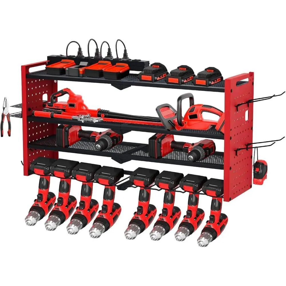 Wall-Mount Tool Storage Organiser with Charging Station, Heavy-Duty 4-Layer Metal Garage Rack (400lbs Load Capacity), 8 Cordless Drill Shelves, Drill Bit Shelf, Battery Hooks for Garage Use