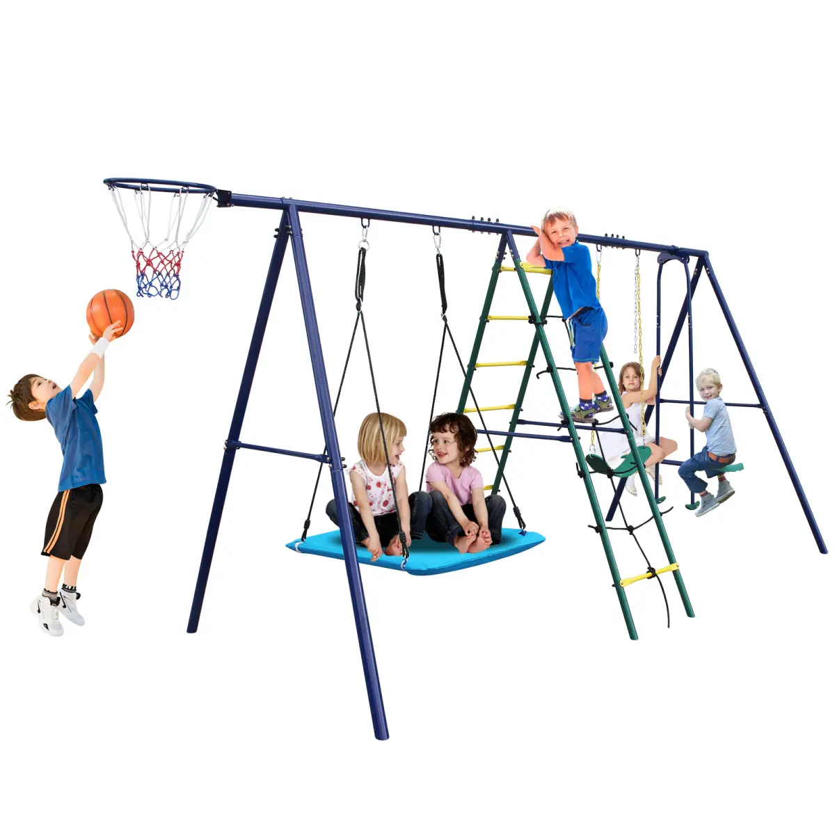6 in 1 Kids Swing Set Multicolor Steel A-Frame Shape 157x71x79 Inch Heavy Load Backyard Playground with Climbing Ladder Net Glider Hammock Belt Swing Basketball Hoop Space Saving Outdoor Playset for Home Park