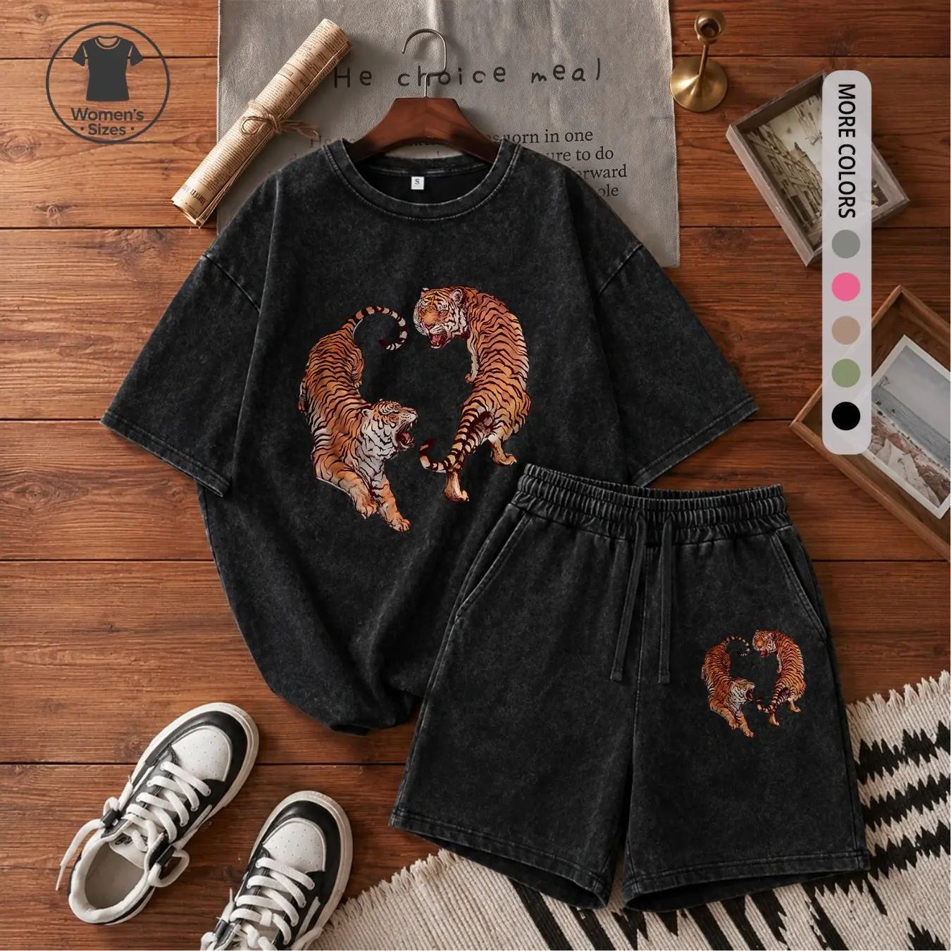 Women’s 100% Cotton Washed 2 Piece Shorts Set, Vintage Tiger Graphic Crew Neck Short Sleeve T Shirt and Drawstring Shorts Outfit, Soft Breathable Casual Summer Lounge Set for Daily Wear Vacation