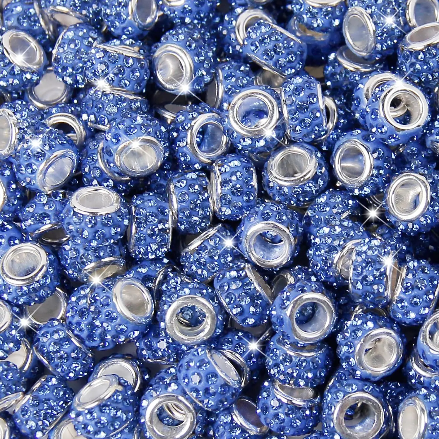 100 count European Rhinestone Large Hole Beads,  Blue European Craft Bead Rhinestone Lampwork Beads Large Hole Spacer Bead for DIY Charms Bracelet Necklace  Making Supplies