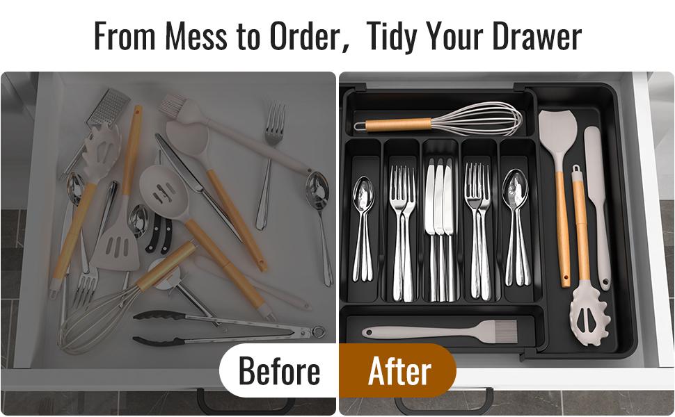 Ukeetap Extra Large Expandable Silverware Organizer BPA-Free Food-Safe Cutlery Flatware Drawer Organizer Adjustable Holder for Spoons Forks Knives White 7-9 Compartments 12.4" to 21" Width