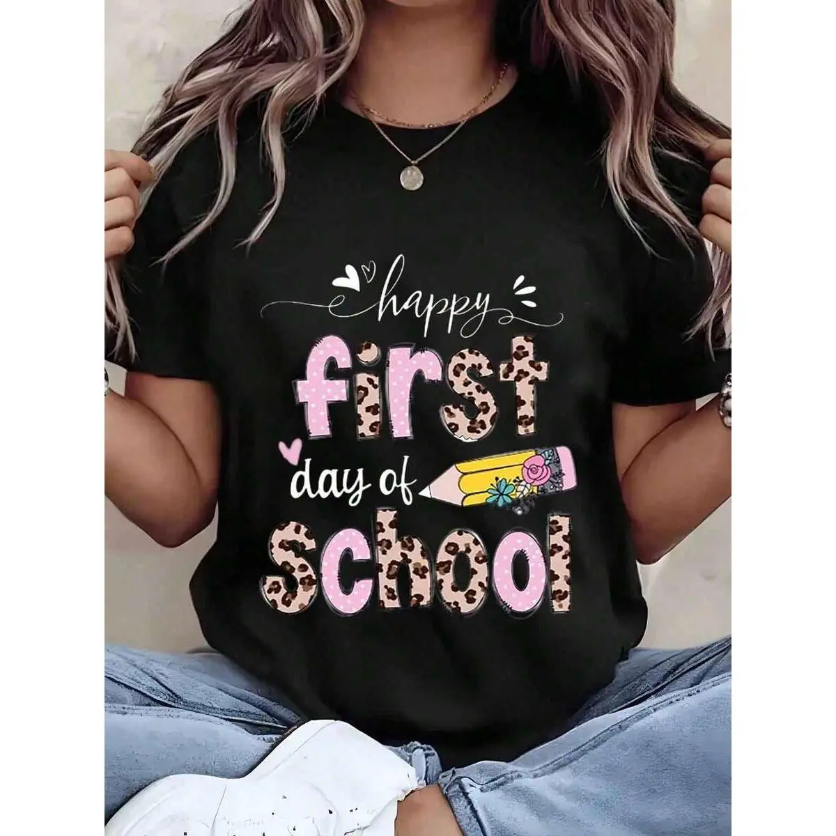 Women T Shirt Happy First Day Of School Leopard Print And Pencil Graphic Round Neck Casual Top For Back To School Season Gift