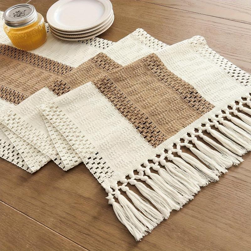 Rustic Farmhouse Boho Table Runner Macrame Crochet Polyester Tassel Striped Design Cream Brown Beige Decorative Dining Room Bedroom Living Room Home Decor