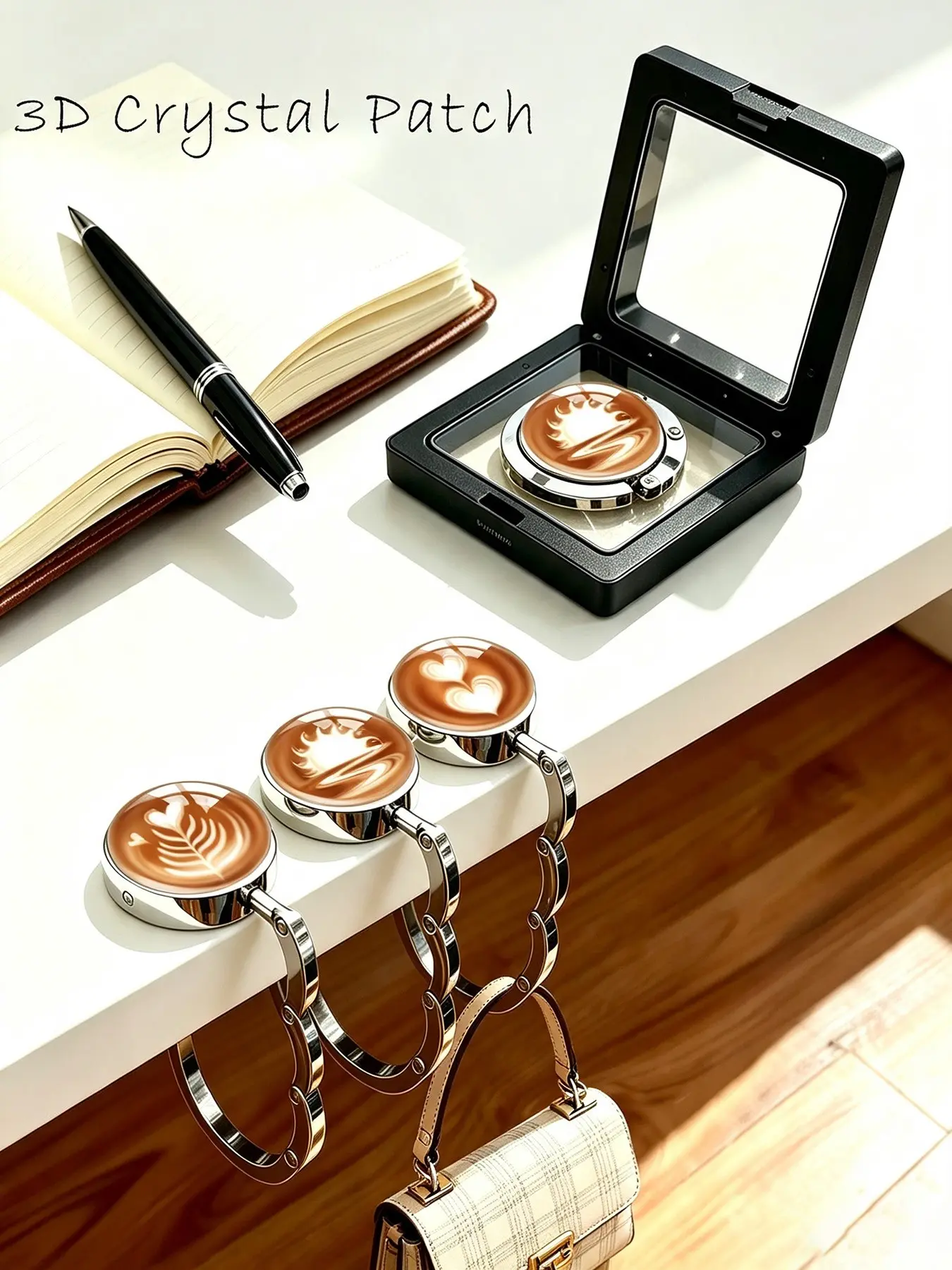 3 Piece Set 3D Crystal Coffee Latte Art Table Bag Hook, Foldable Metal Handbag Hanger, Heavy Duty Desk Purse Holder with Heart & Leaf Coffee Foam Pattern, Gift Box Cute Bag Accessory for Coffee Lovers Women