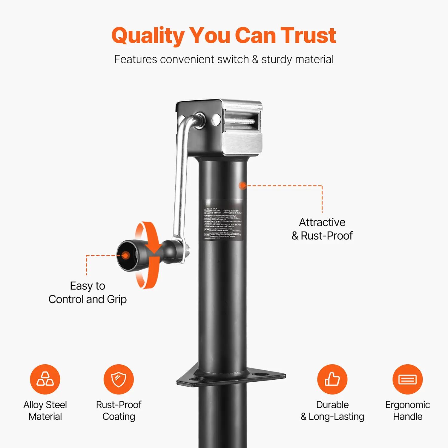 A-Frame Trailer Jack,  5000 lbs Dynamic Load Capacity, Trailer Jack Stand with Handle & Rectangular Footpad, 15-inch Vertical Travel, Suitable for RV, Horse, Utility Trailers, Yacht Trailers