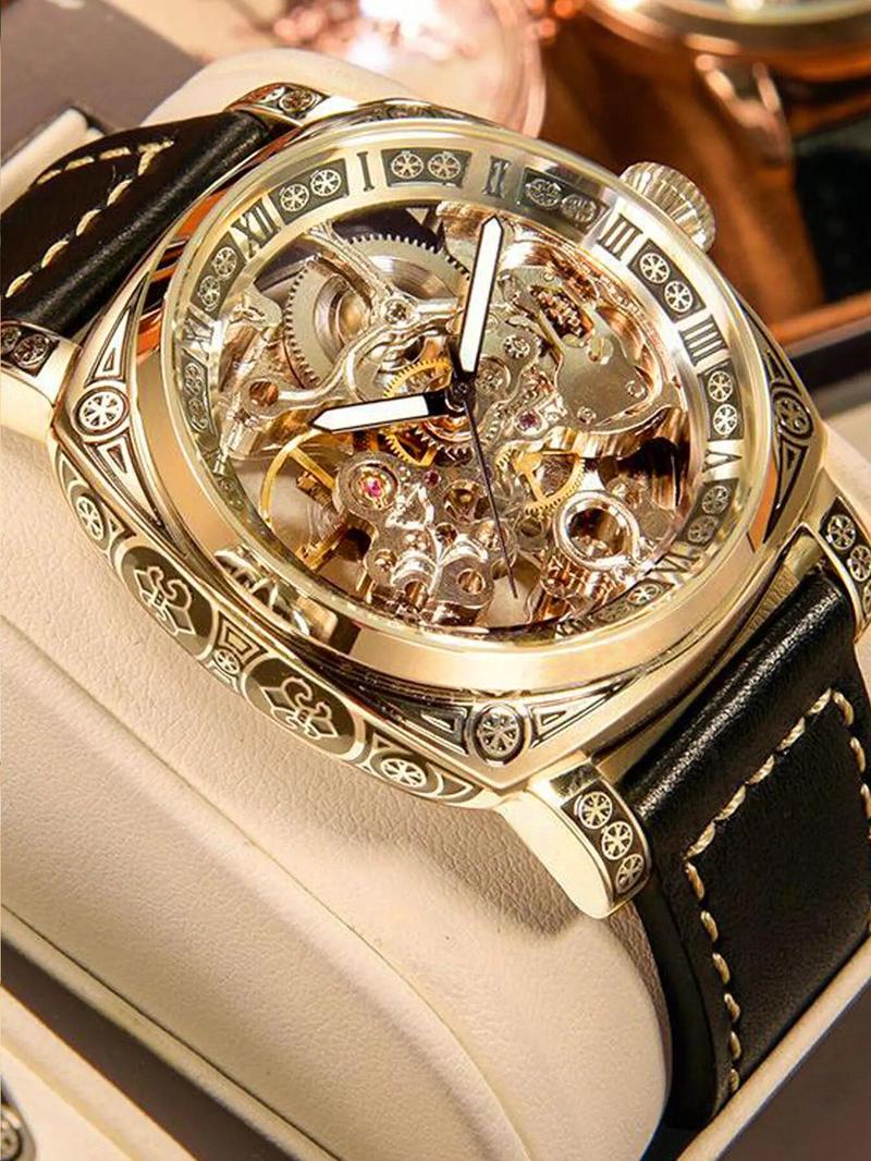 Business Fashion Round Dial Leather Strap Analog Mechanical Watch, Vintage All-match Buckle Automatic Wristwatch for Gift, Luminous Spring Pointer Design Watch with Box, Skeleton Watches, National Day Offers
