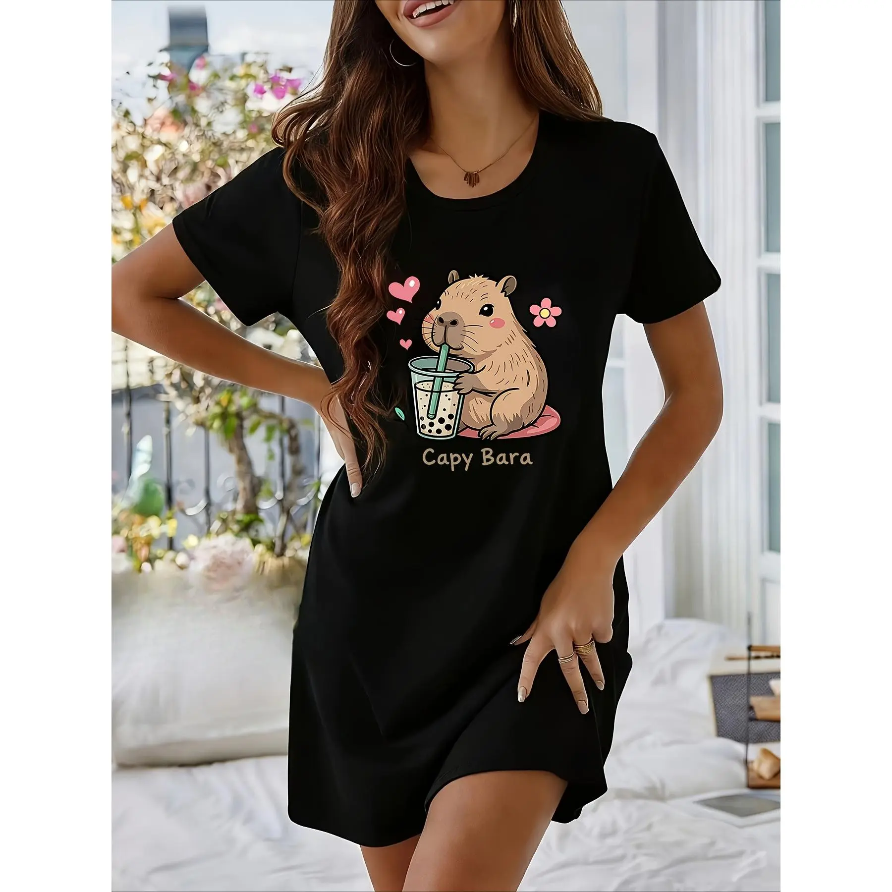 Women's Short-Sleeve T-Shirt Pajama Dress with Capybara Drinking Milk Tea Print