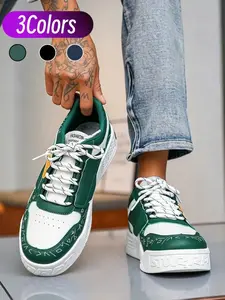 Men three-tone skate shoes with sectional splicing and full geometric prints, featured red patch, contrast trim and 3D letter thick sole for casual wear.