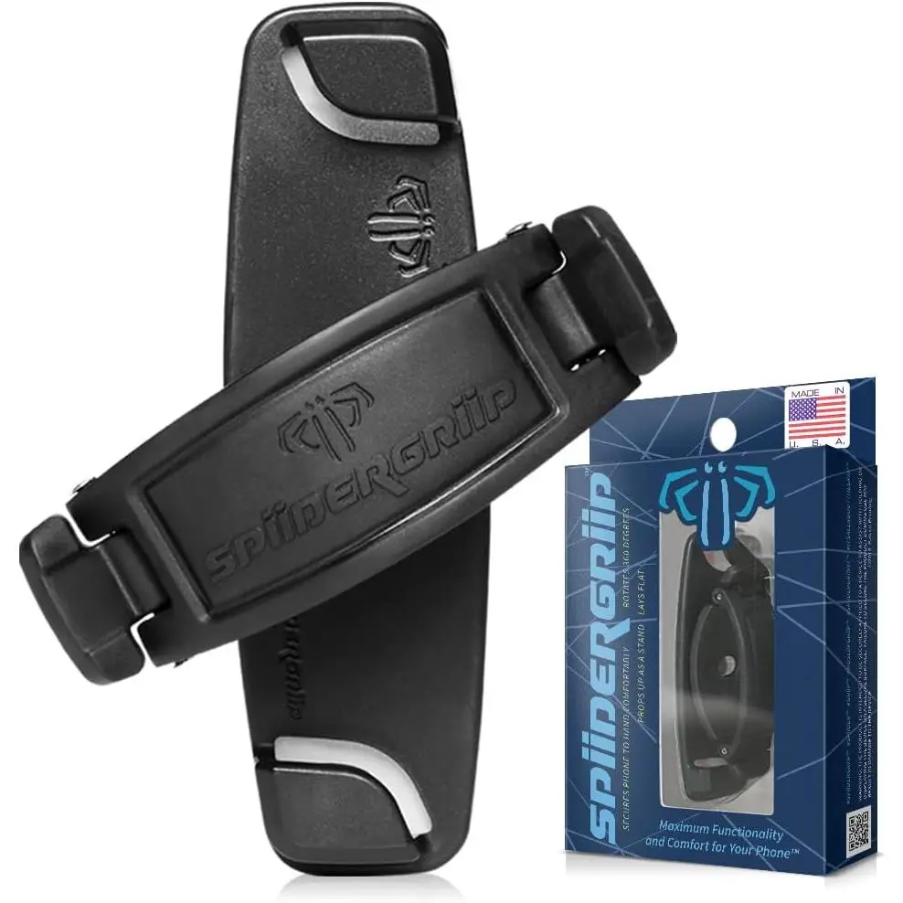 SpiiderGriip 360 Rotating Phone Grip – Flat-Fold Kickstand & Secure Strap – Works with , Android, Tablets & Cases – Comfortable & Durable (Black)