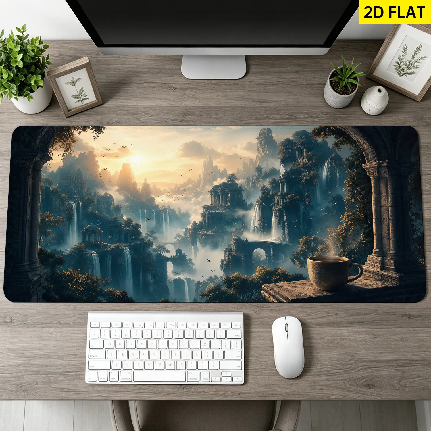 Extra Large fantasy mountain waterfalls and ancient architecture Mouse Pad,Non Slip Rubber Pad,Desktop Decoration Drotection Pad,Washable,Lock Edge Multi Size,Premium Multipurpose Mousepad For Home,Office,Gift for Family and Friends
