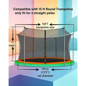 Trampoline Net Replacement 6 PoleCaps 12-15 ft Round Safety Net UVResistant WeatherResistant Breathable Durable No Poles Included