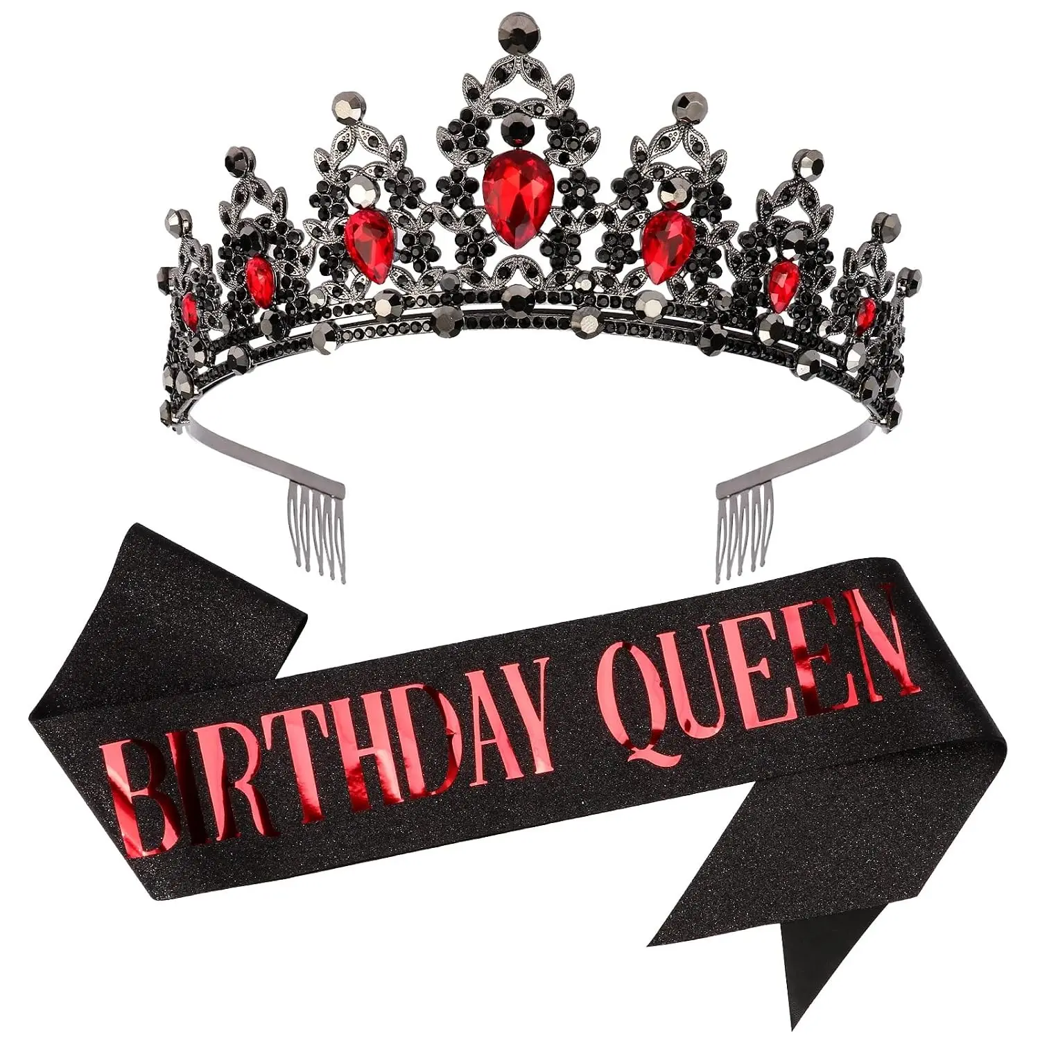 Red Black Birthday Queen Tiara and Sash Set, Rhinestone Birthday Crown Party Hair Accessories for WomenGift