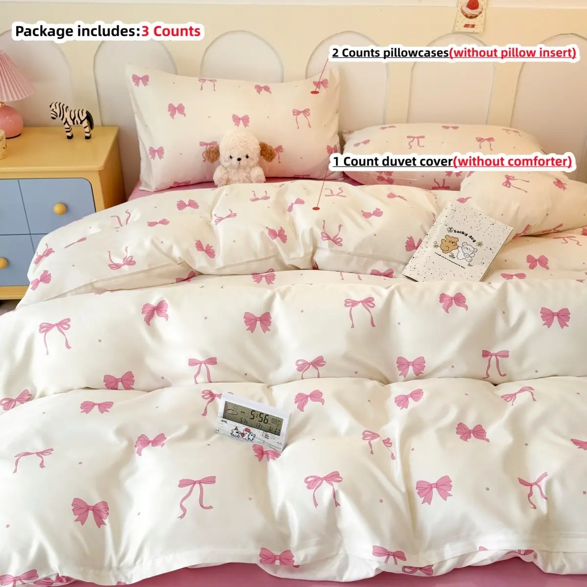 3pcs Pink Cute Bow Bedding Set, Duvet Cover Sets, Comfy Bedding Sets, Includes 1pc Duvet Cover + 2pcs Pillowcases,without any filling, 100% Polyester, for Single Twin Double Queen King Size bed
