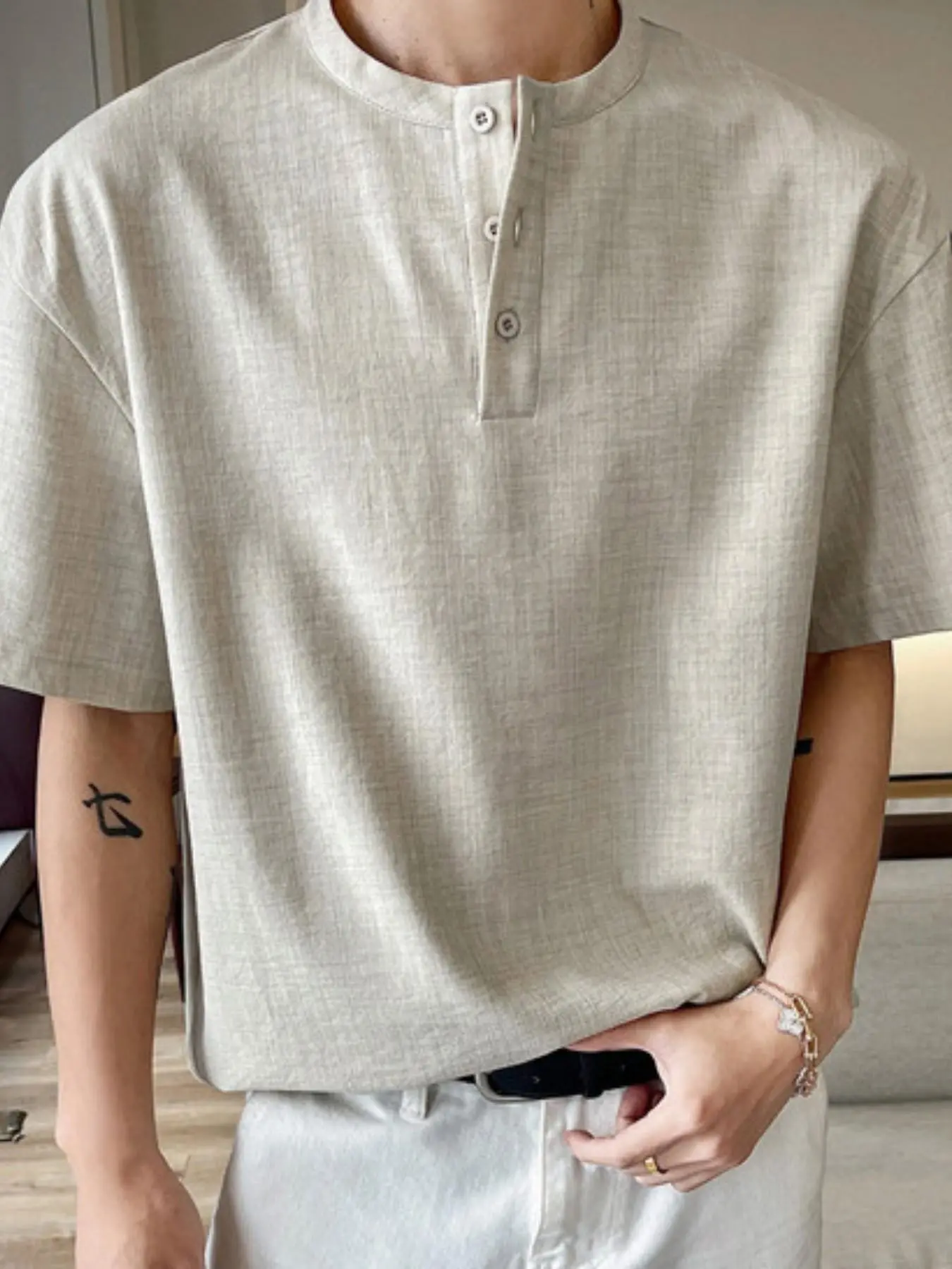 Japanese Retro Henry Shirt, Breathable Textured Men's Versatile Short Sleeve T-Shirt, Comfortable and Stylish Casual Wear