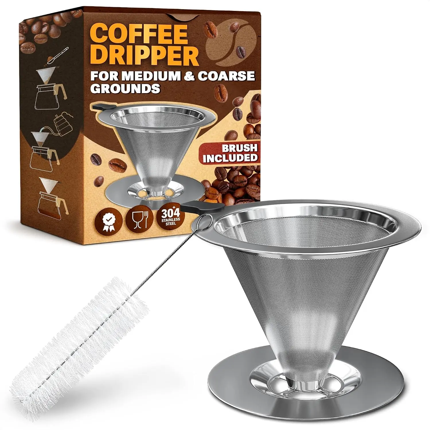 Stainless Steel Pour Over Coffee Maker - 3.18x4.48 Pour Over Coffee Dripper with Wide Secure Base, Large Plastic Handle, and Brush for Easy Cleaning – Ensures Well-Balanced, Clean Flavor