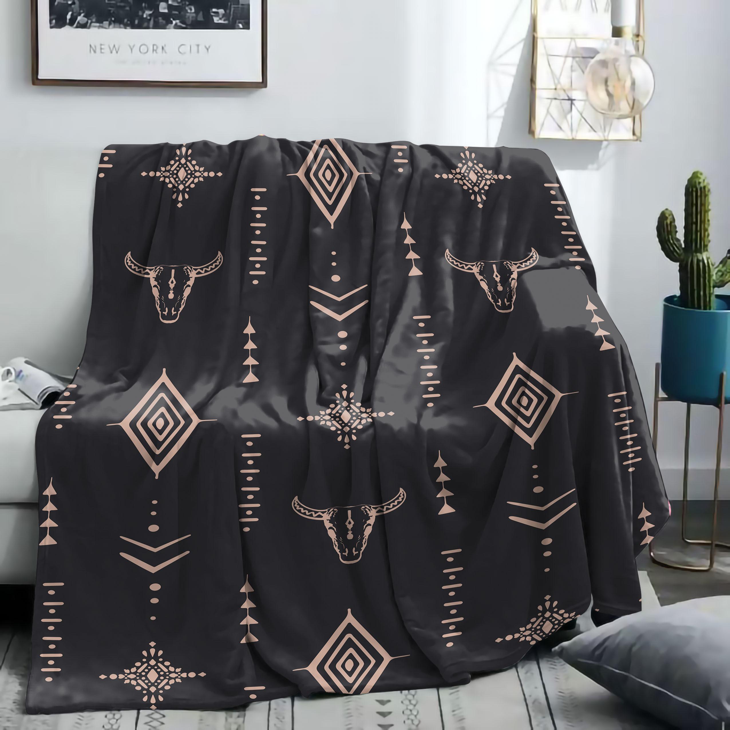 JOOCAR Soft Digital Print Polyester Knitted Retro Western Style Flannel Throw Blanket - Mid Century Design with Bull & Geometric Patterns for Bed, Sofa, Office, Camping - All Seasons