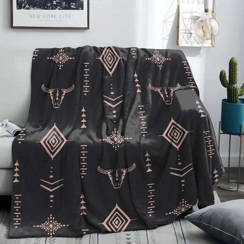 JOOCAR Soft Digital Print Polyester Knitted Retro Western Style Flannel Throw Blanket - Mid Century Design with Bull & Geometric Patterns for Bed, Sofa, Office, Camping - All Seasons