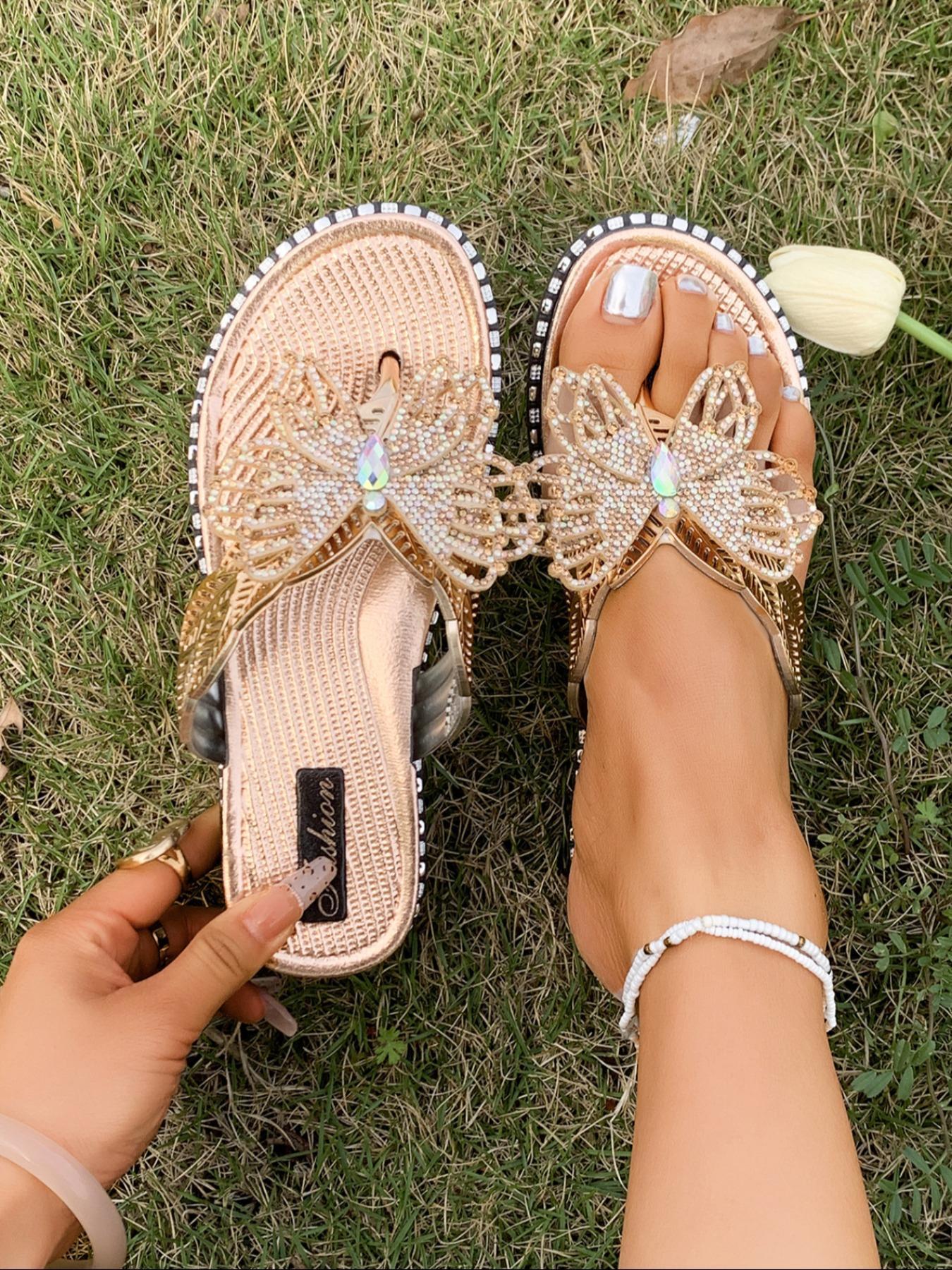 Luxury Rhinestone Butterfly Flip-Flops, Summer Beach Wedge Sandals for Women, Sparkly Thong Slides for Vacation, Casual Outdoor Platform Slippers  777