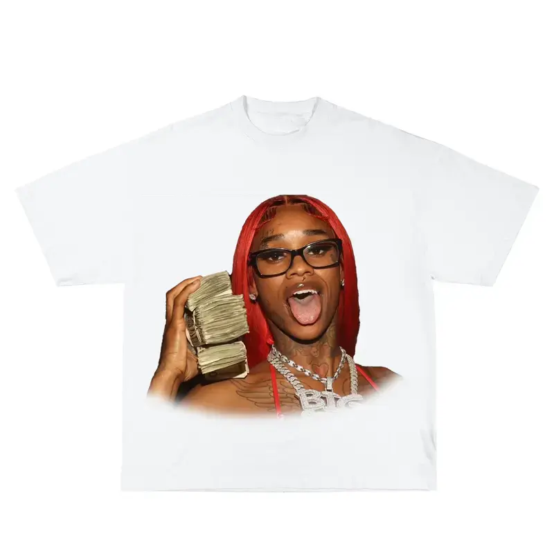 Retro Realistic Portrait Graphic T Shirt Men Women Bright Red Hair Black Glasses Stacked Cash Silver Chain Chest Tattoo Distressed Washed Oversized Boxy Cotton Tee Y2K Hip Hop Streetwear Loose Short Sleeve Daily Top