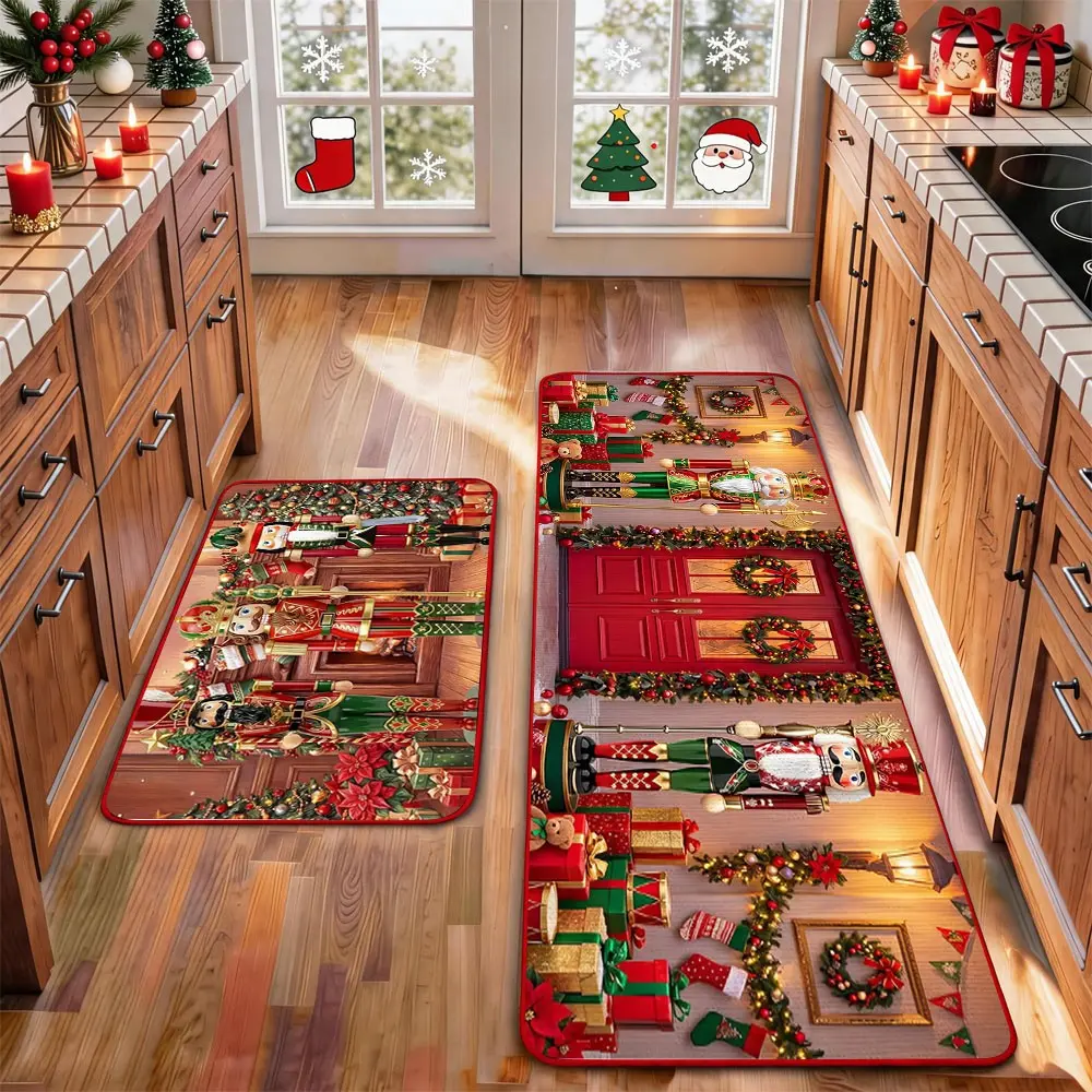 2 Pcs Christmas Kitchen Rug Mat The Nutcrackers Gingerbread Tree Santa Clause Snowflake Red Black Floor Mat Set Farmhouse Kitchen Rug Non Slip Restaurant Floor Dining Room Laundry Room Decor Carpet Mat Winter Decor Home Decor Rug