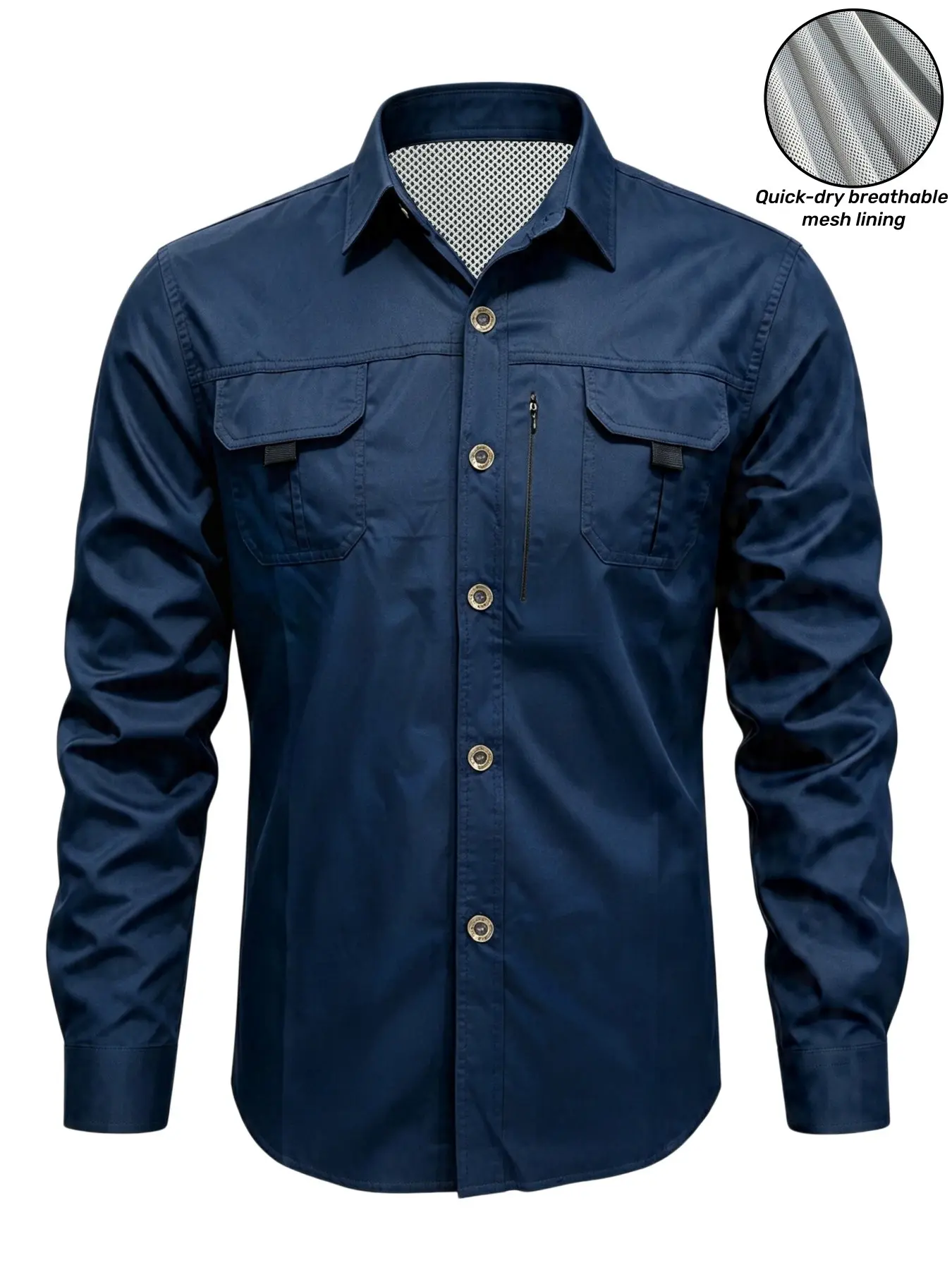 Men's Quick-Dry Breathable Mesh Lining Long Sleeve Shirt, Multi-Pocket Tactical Workwear, Outdoor Hiking Camping Top