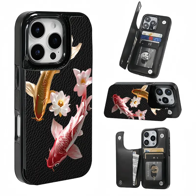 Chinese Gold Koi and Lotus Card Holder, This phone case features a card slot function, can store bank cards, transit cards and other cards, suitable for iPhone 17/16/15/14/13/12, and makes a great gift for girls.