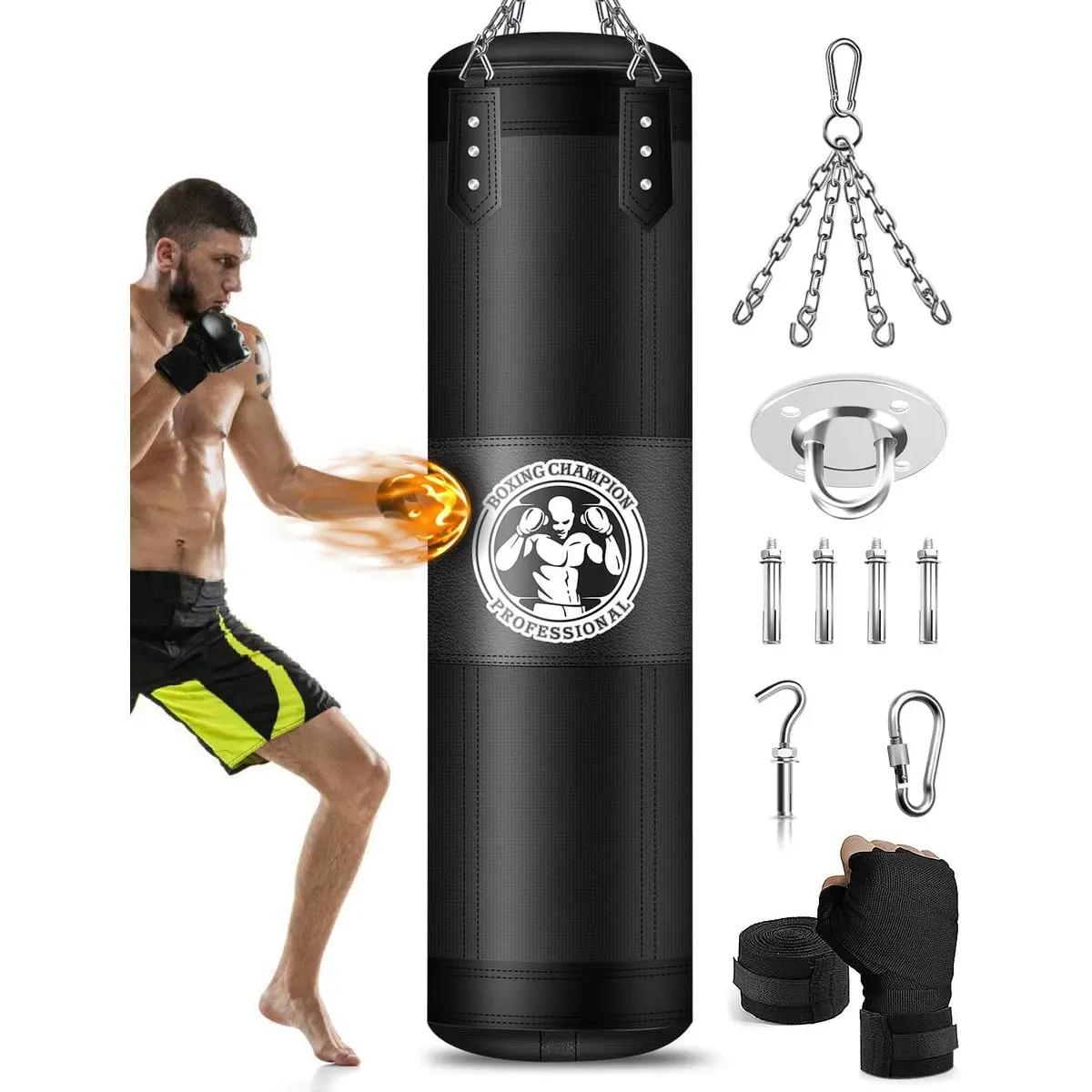 Punching Bag for Adults, 4FT PU Heavy Boxing Bags with Chain Ceiling Hook| Hanging Boxing Bag for Kickboxing Muay Thai Karate Judo Taekwondo Home Gym Training, Unfilled