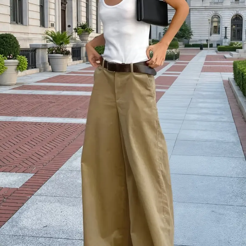 Women's Fashion Elegant Casual Office Pants, Solid Color Wide Leg, Comfortable Soft Material, 2 Pockets, No Belt, All Seasons, Casual Comfy Trousers