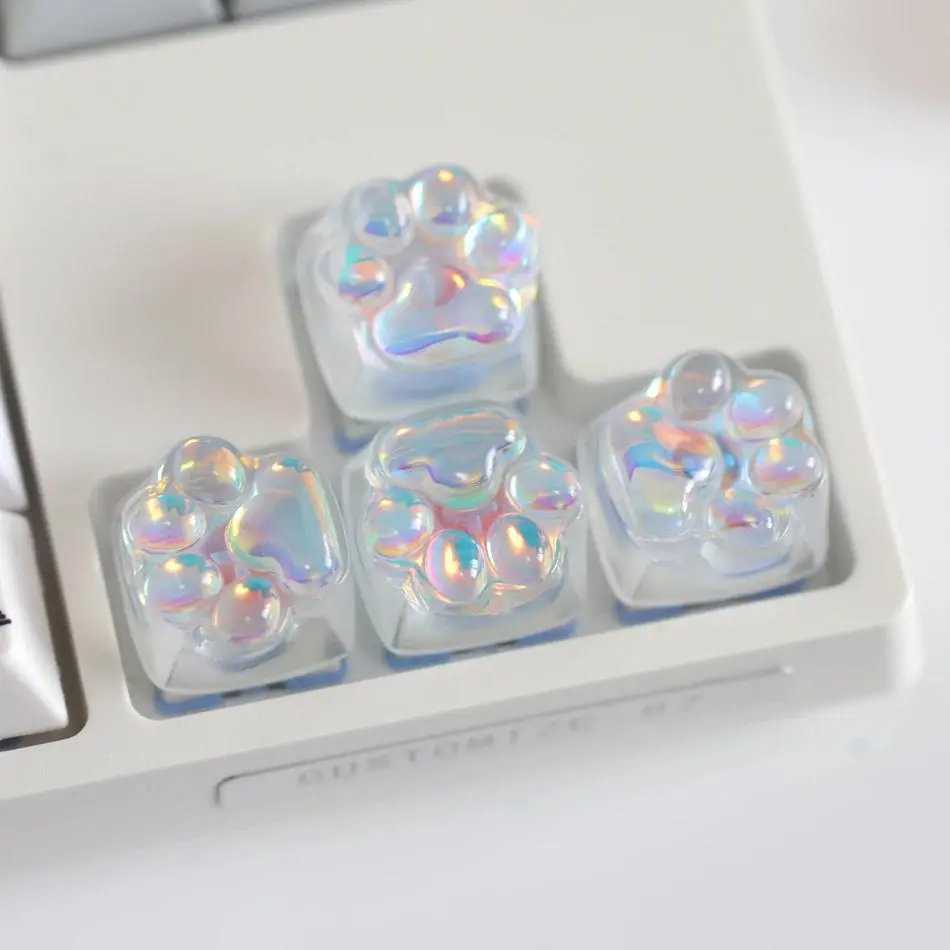 Set of 4 Adorable Irregular Cat Paw Keycap Cross Axis Mechanical Keyboard Transparent WASD Replacement Gaming Keycaps Decoration