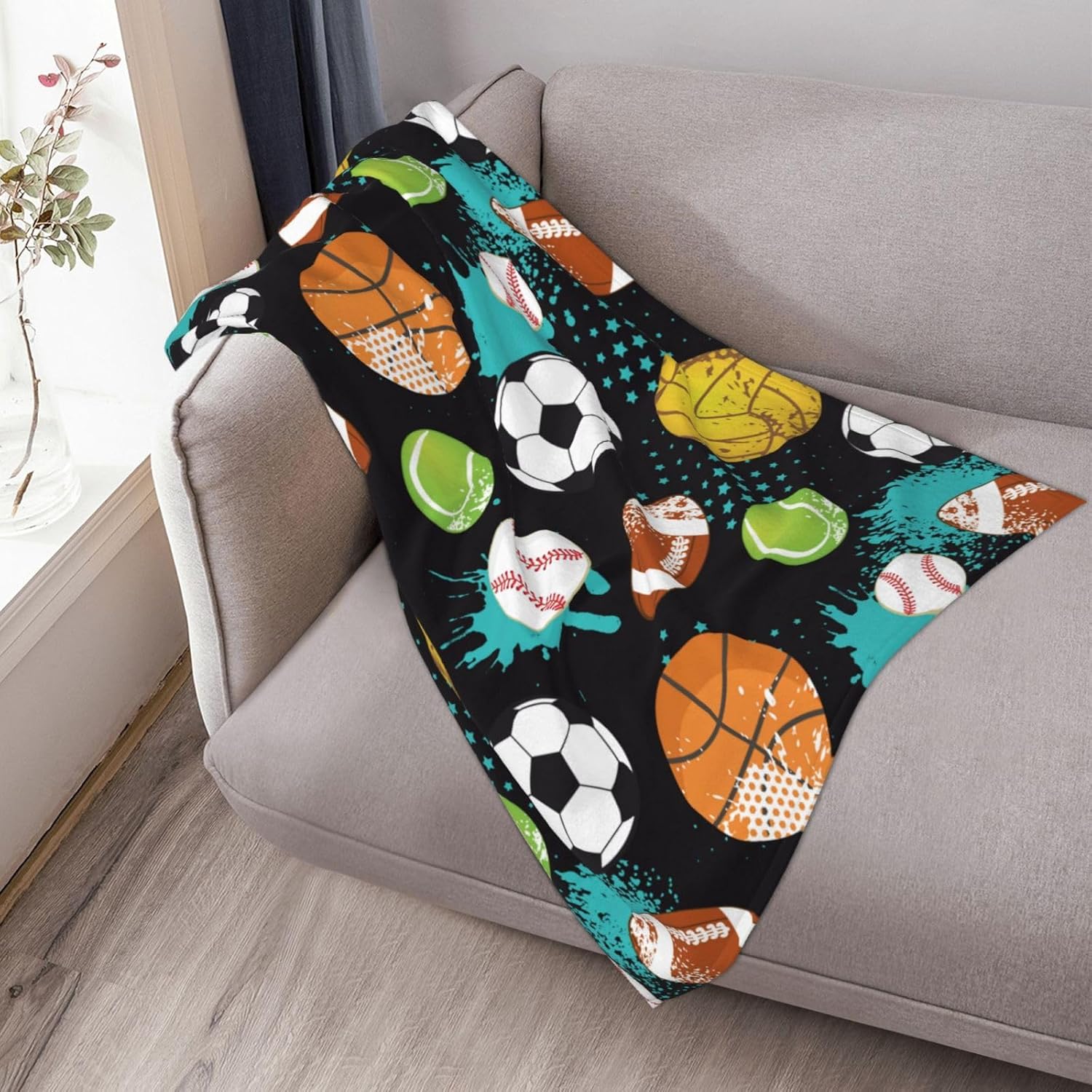 Basketball Soccer Football Baseball Fun Ball Throw Blanket Soft Bed Bedding Warm Cozy Plush Flannel Fleece Blankets Gifts for Kids Boys Teens, Sofa Couch Bedroom Home Decor, 50"x40"