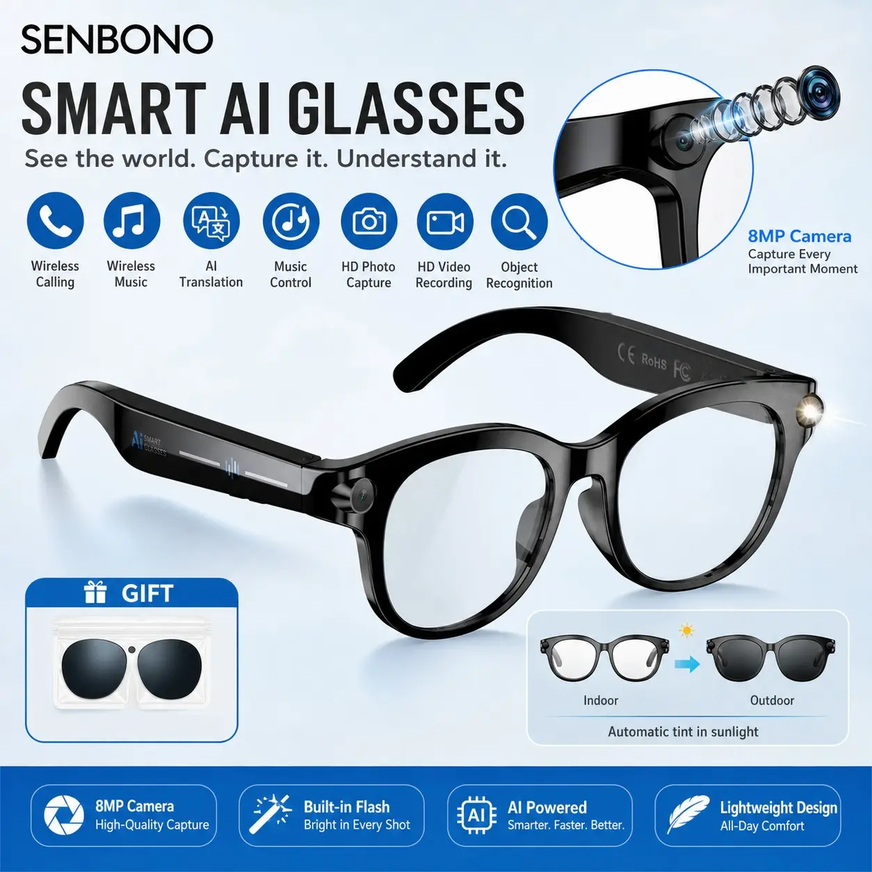SENBONO Smart Glasses with Ai Assistant, HD Recording, Bluetooth-compatible Music Calling, Dual Mic Noise Reduction, LED Flashlight, 8mp Camera