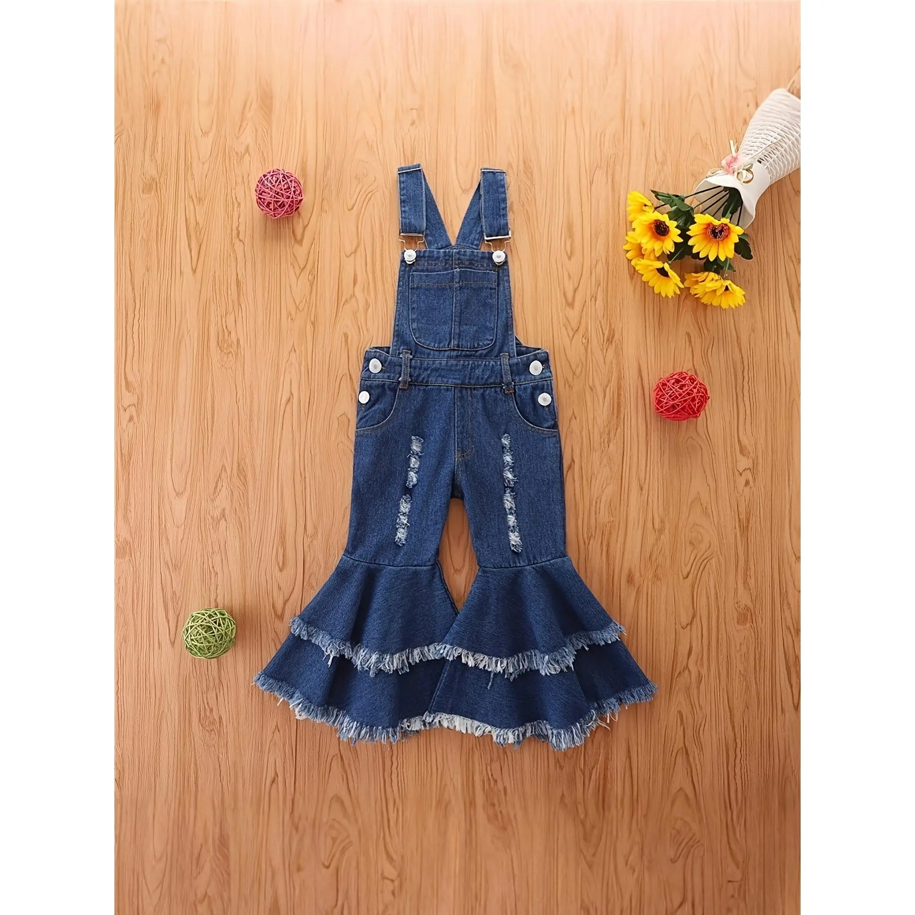 Fashionable Clothing, Spring And Autumn Style Girls' Denim Overalls, Ripped Double-Layer Denim Flared Pants, Fashion Suspender Pants, for Outdoor