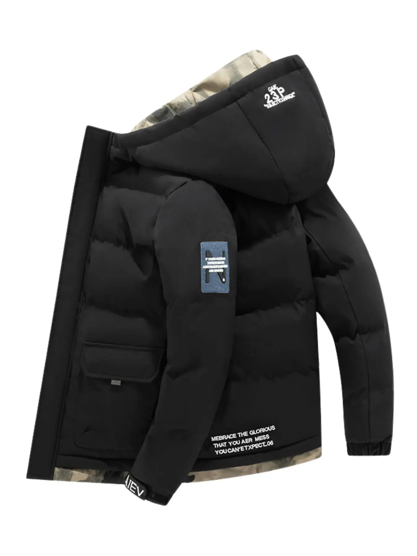 Men Reversible Hooded Padded Jacket Camo Two Sides Wear Letter Print Winter Warm Bubble Workwear Coat