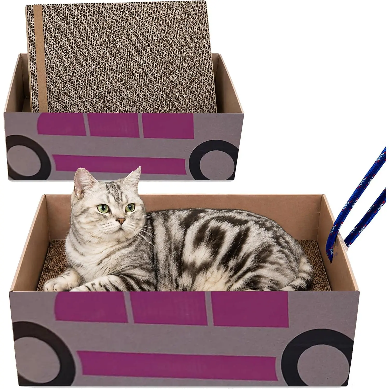 Scratcher Box & Bed with Rope Pull, Cardboard  Scratchers for Indoor Cats & Kittens, Durable   Board to Protect Furniture, Reversible  Scratch Pad Large 18x13.5”