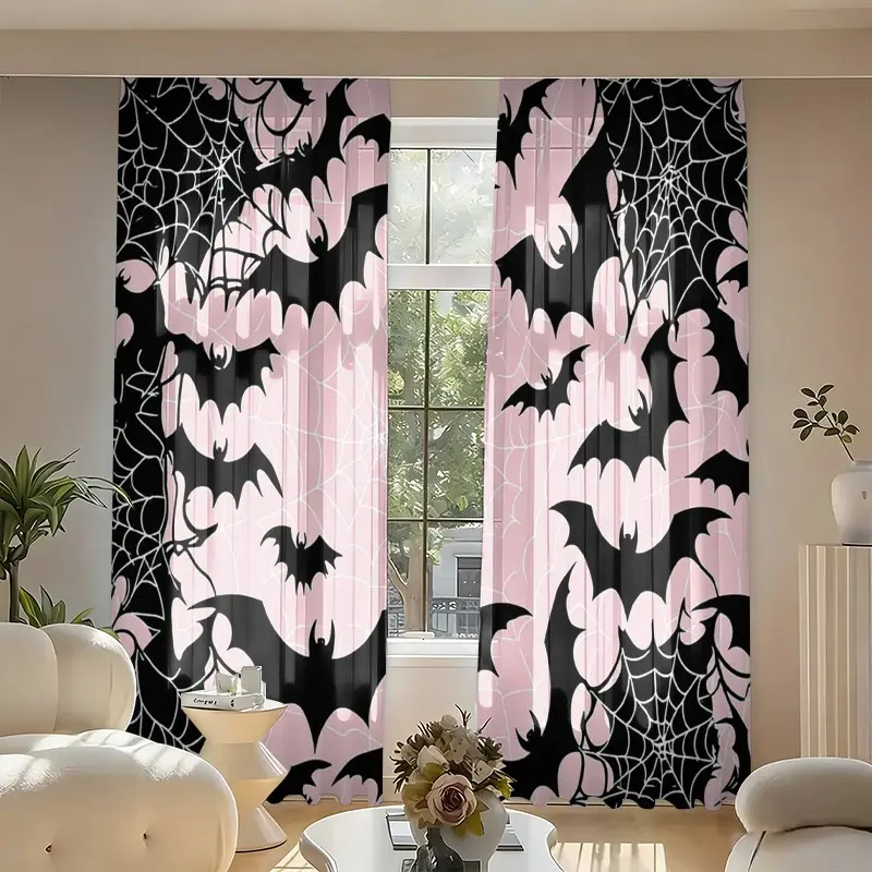 2 pieces of high-definition digital black bat spider web Halloween printed curtains. Resistant to fading, washable by hand and machine. Suitable for bedrooms and living rooms, as well as home decoration. Home Decorative Curtain