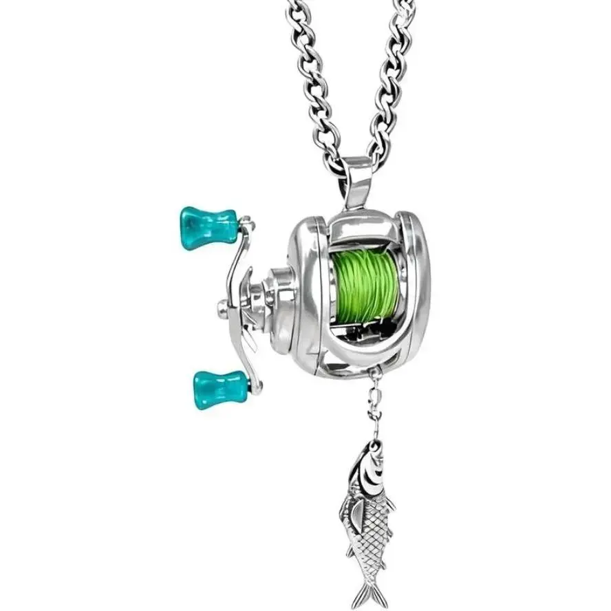 Lifelike Fishing Reel Pendant Necklace for Anglers, Interactive Miniature Jewelry with Rotating Handle and Decorative Motion, Artistry, Fishing Reel Necklace, Engages The Senses, Chain, Unisex, Angler Gift, Metal Chain