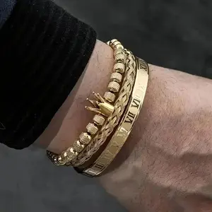 3-Pcs Men' Streetwear Jewellery Set - Stainless Steel Roman Numerals Crown Charm Bangle, Stackable Braided Rope Chain Bracelet, Casual Hip Hop Male Gift