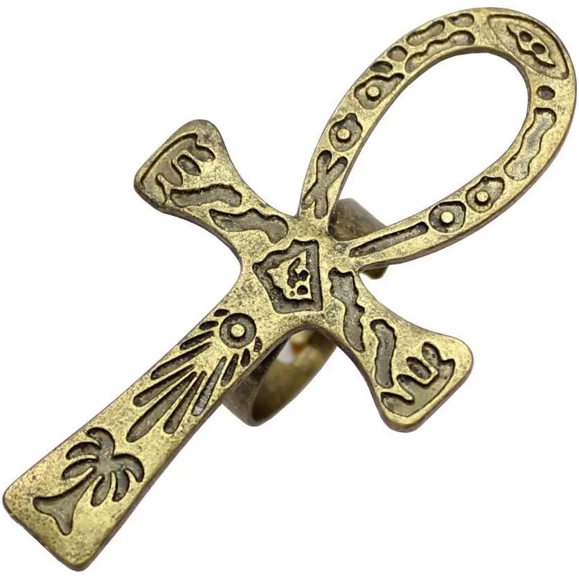 Unisex Egyptian Ancient Ankh Key of Life Cross Ring - Cleopatra Adjustable Band, Ankara Hieroglyphs Carved, Symbolism of Protection Amulet Costume Jewelry, All-Season, Collectibles