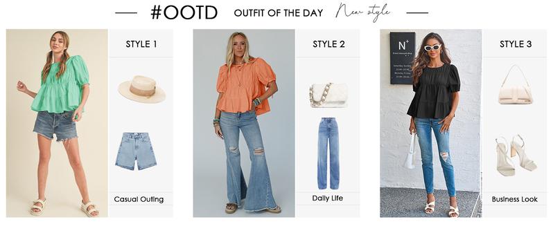 Imily Bela Womens Puff Sleeve Peplum Babydoll Tops Summer Smoked Pleated Cotton T-Shirts Casual Loose Fit Flowy Blouse