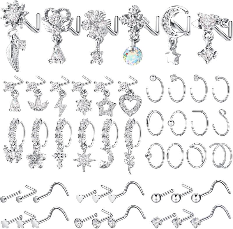 48 Pcs Dangle Nose Rings for Women Nose Piercings Jewelry Studs Hoops with Charm Stainless Steel Indian Nostril Rings for Women