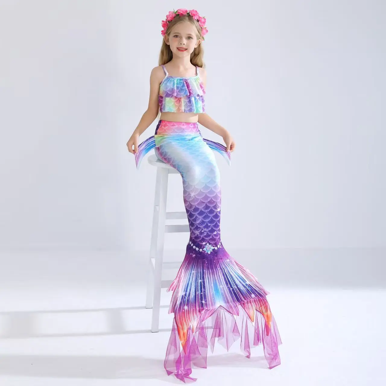 Girls' All-Seasons Mermaid-Themed Swimsuit Set with Fairy Fish Tail Design, Costume for Parties, Beach Water Play Outfit