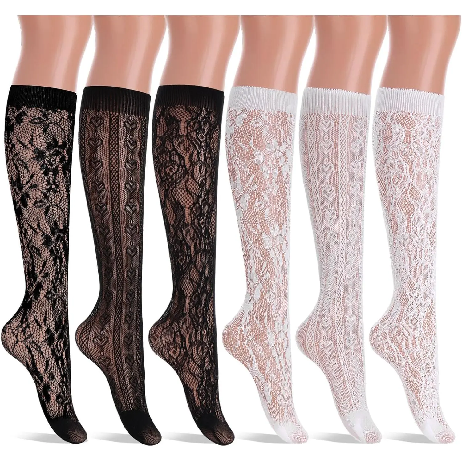 6 Pairs Women's Fishnet Knee High Socks Stylish Lace Hollow Stockings, Fishnet Mesh Hollow Out Calf Socks for Women